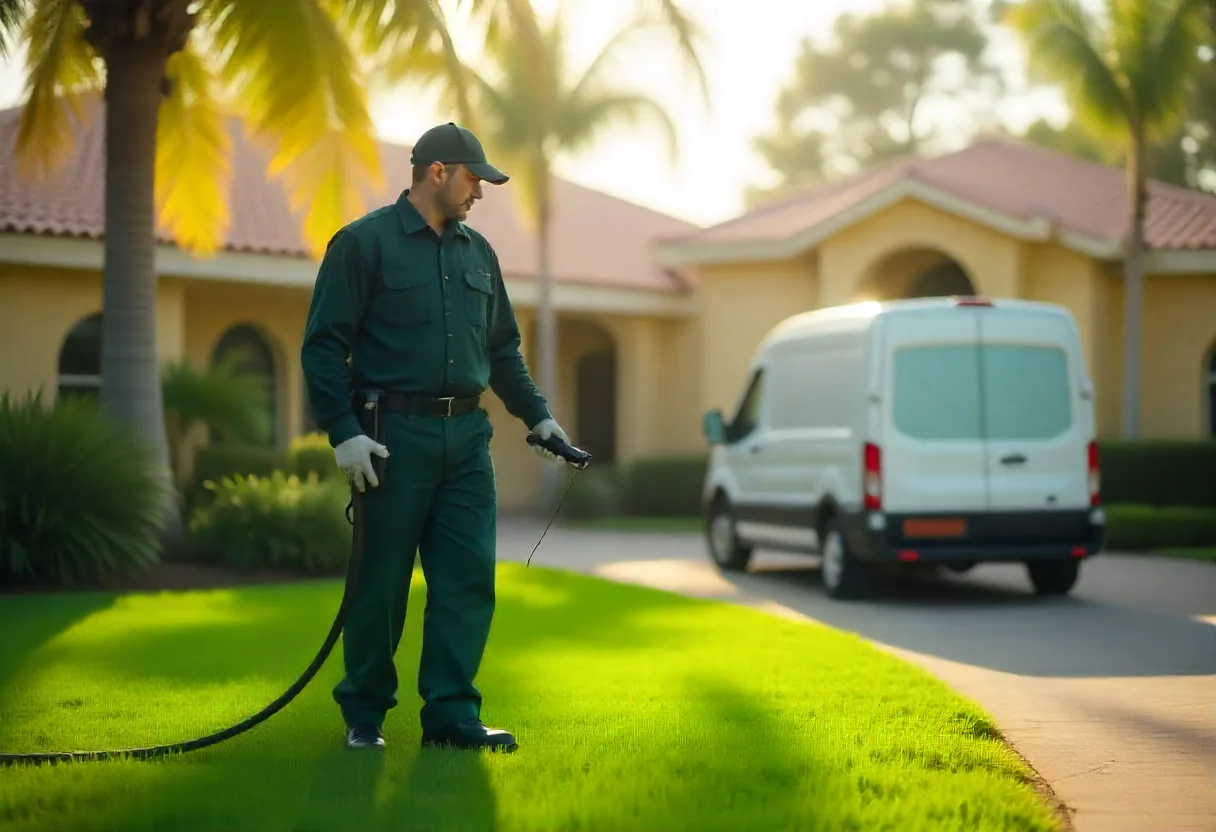 Illustrative technician and service truck at a Florida home